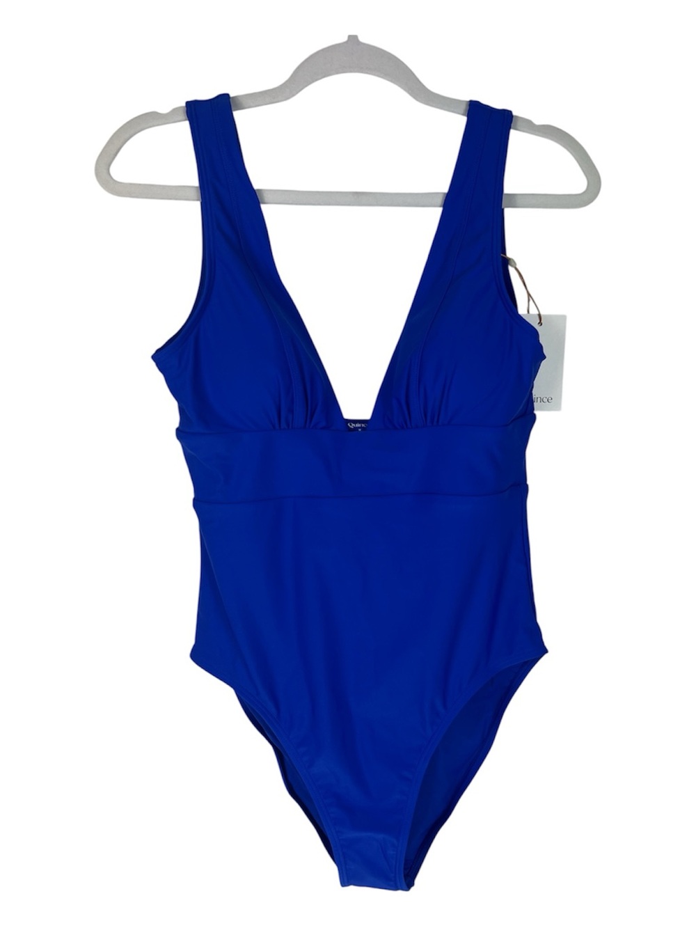 Quince Sz M Italian Plunge One-Piece Swimsuit Electric Blue UPF50 Minimalist NWT - Picture 2 of 11